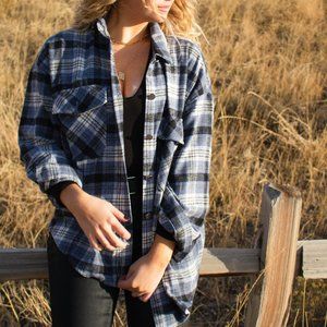 Blue, Black, & White lightweight plaid button up flannel